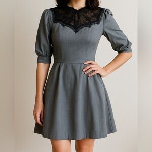 Vintage Gray Dress with Black Lace Detail Fully Lined Size S (See Measurements)